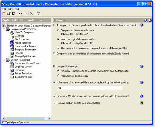 ZipMail /DB Extended Client - Editeur du fichier des paramètres de fonctionnement